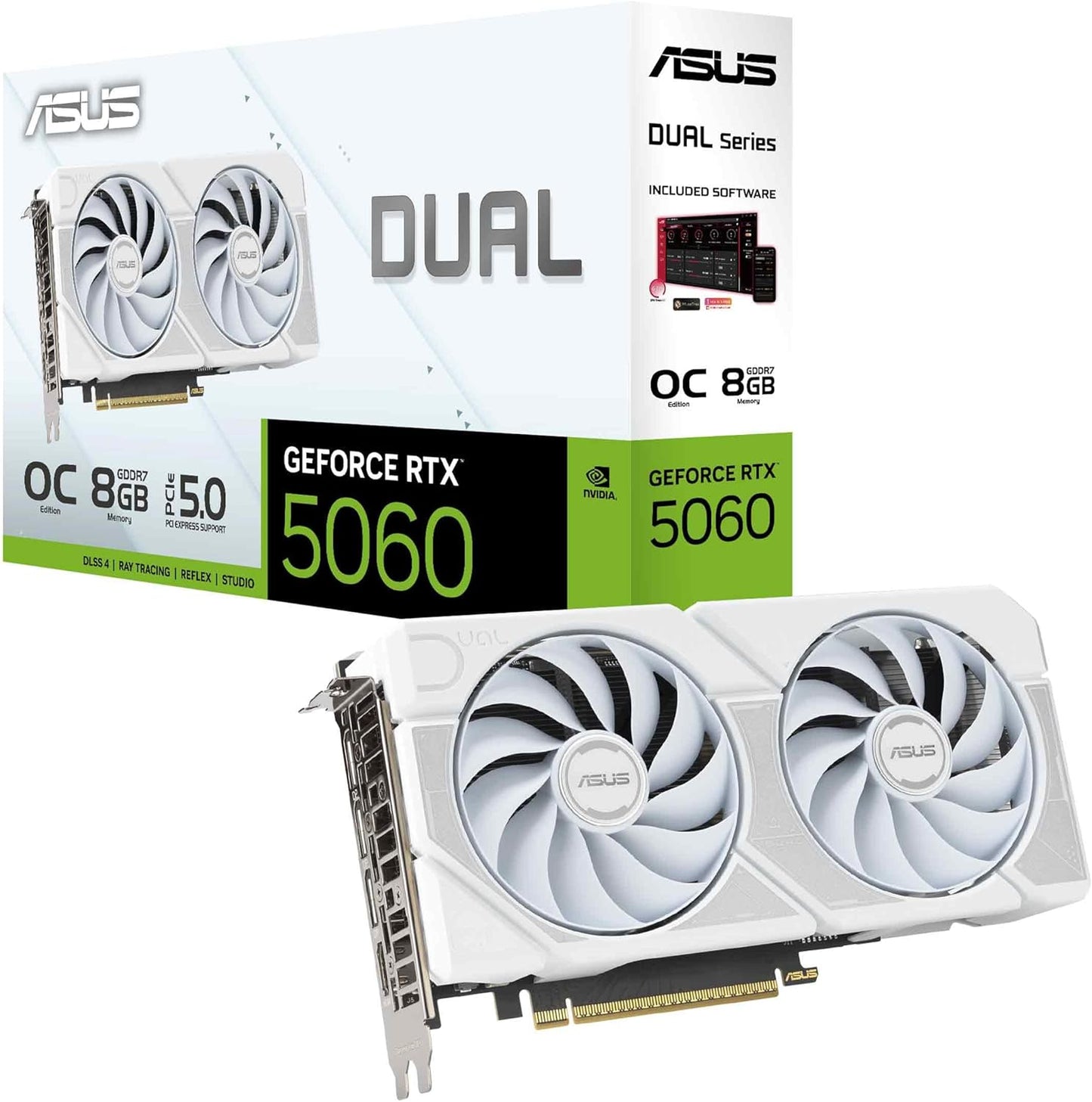 ASUS Dual NVIDIA GeForce RTX 5060 8GB GDDR7 OC Edition (PCIe 5.0, 8GB GDDR7, DLSS 4, HDMI 2.1b, DisplayPort 2.1b, 2.5-Slot Design, Axial-tech Fan Design, 0dB Technology), 3 Year Warranty
