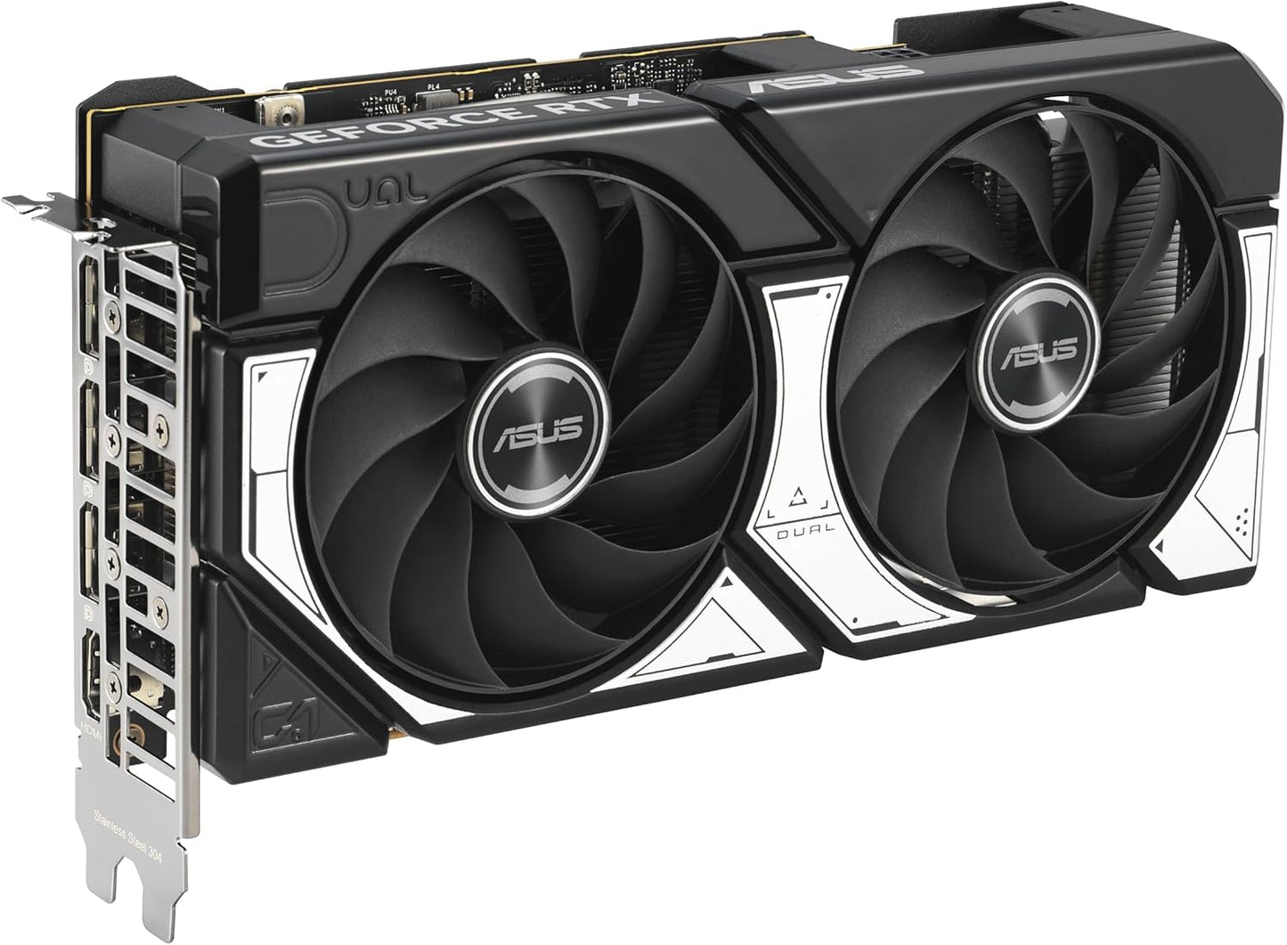 ASUS Dual NVIDIA GeForce RTX 5060 8GB GDDR7 OC Edition graphics card with dual axial-tech fans, PCIe 5.0, HDMI 2.1b, DisplayPort 2.1b, 2.5-slot design, black and silver finish.