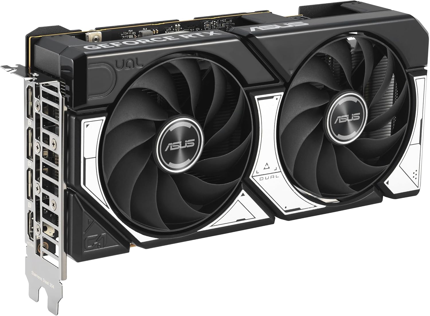 ASUS Dual NVIDIA GeForce RTX 5060 8GB GDDR7 OC Edition graphics card with dual axial-tech fans, PCIe 5.0, HDMI 2.1b, DisplayPort 2.1b, 2.5-slot design, black and silver finish.