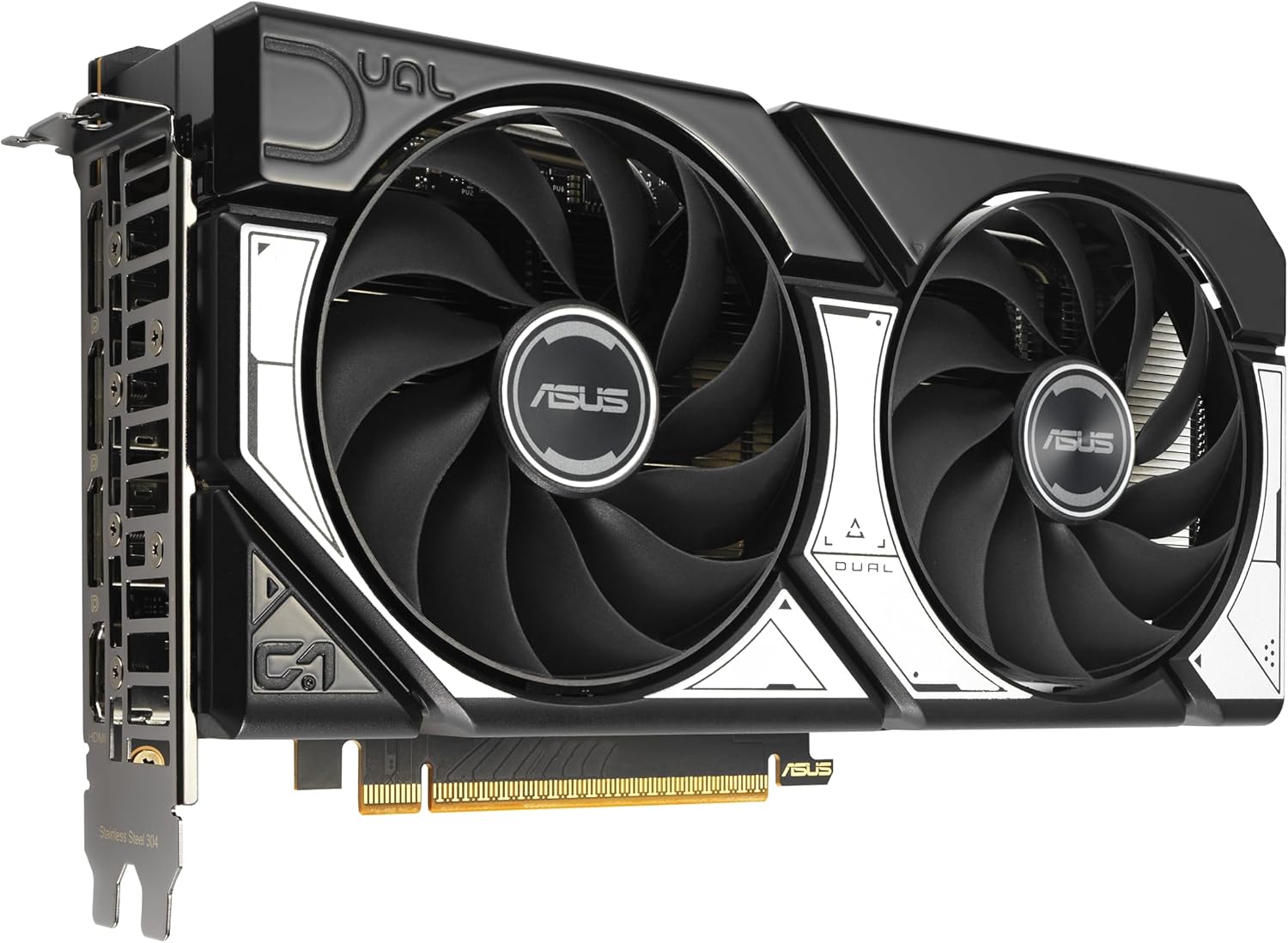 ASUS Dual NVIDIA GeForce RTX 5060 8GB GDDR7 OC Edition graphics card with dual axial-tech fans, black and white design, PCIe 5.0 interface.