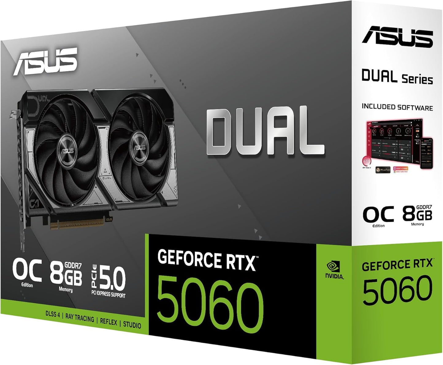 ASUS Dual NVIDIA GeForce RTX 5060 8GB GDDR7 OC Edition (PCIe 5.0, 8GB GDDR7, DLSS 4, HDMI 2.1b, DisplayPort 2.1b, 2.5-Slot Design, Axial-tech Fan Design, 0dB Technology), 3 Year Warranty