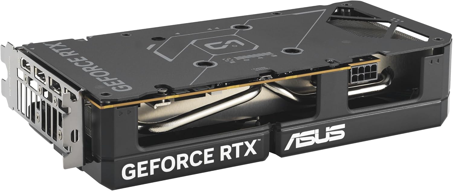 ASUS Dual NVIDIA GeForce RTX 5060 8GB GDDR7 OC Edition graphics card with black and silver design, axial-tech fans, and multiple display ports.