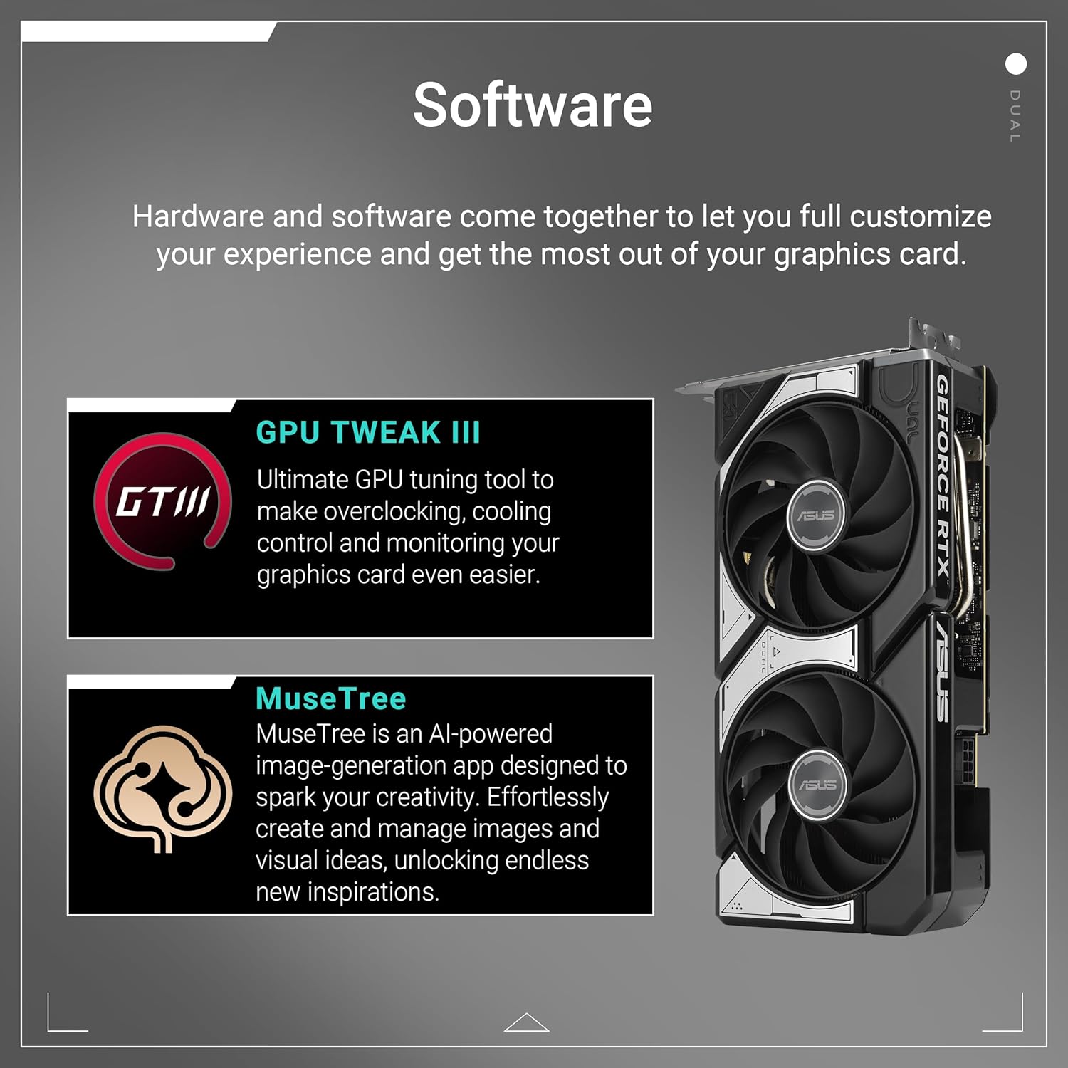 ASUS Dual NVIDIA GeForce RTX 5060 8GB GDDR7 OC Edition graphics card with dual fans, black and silver design, PCIe 5.0 interface, and 8GB GDDR7 memory.