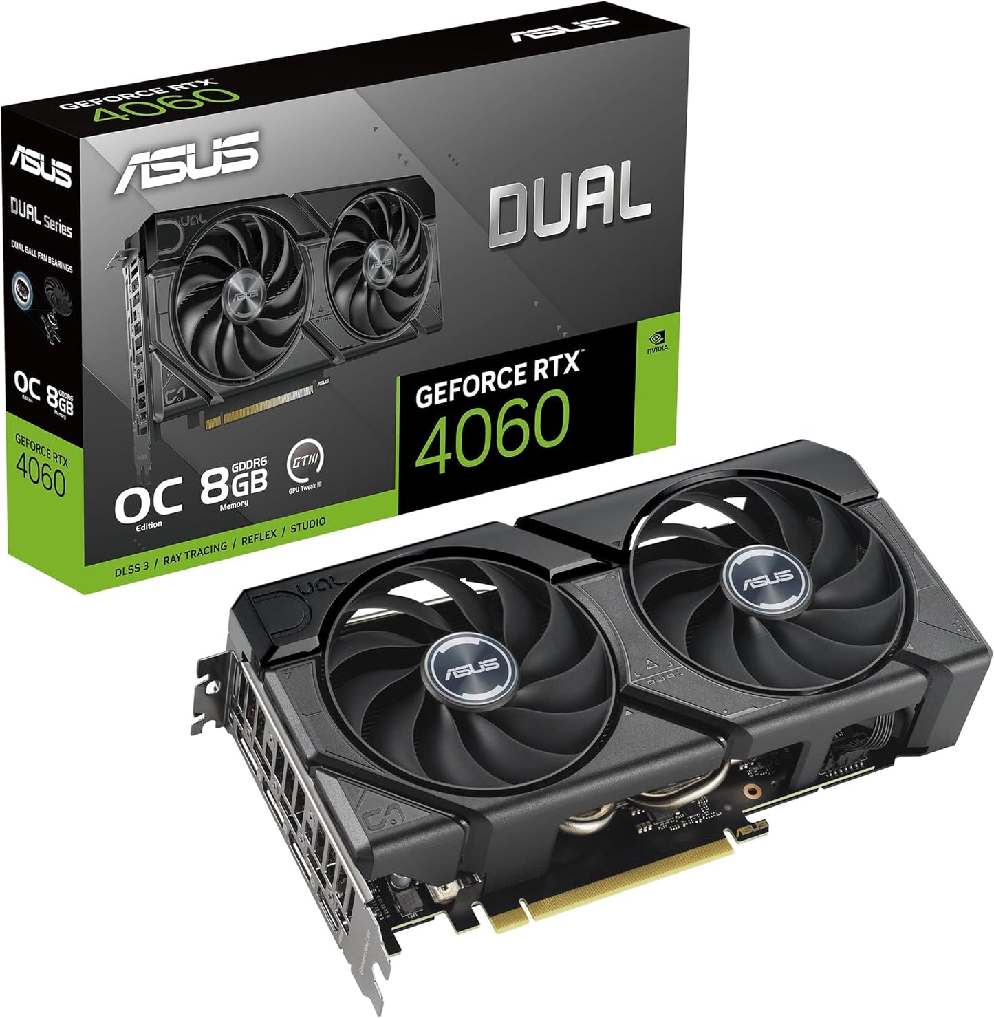ASUS Dual NVIDIA GeForce RTX 5060 8GB GDDR7 OC Edition (PCIe 5.0, 8GB GDDR7, DLSS 4, HDMI 2.1b, DisplayPort 2.1b, 2.5-Slot Design, Axial-tech Fan Design, 0dB Technology), 3 Year Warranty