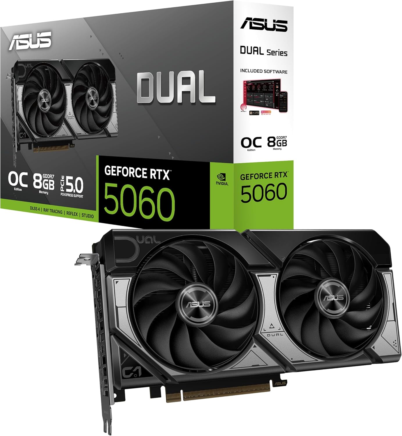 ASUS Dual NVIDIA GeForce RTX 5060 8GB GDDR7 OC Edition graphics card with dual axial-tech fans, black and silver design, PCIe 5.0, HDMI 2.1b, DisplayPort 2.1b ports.