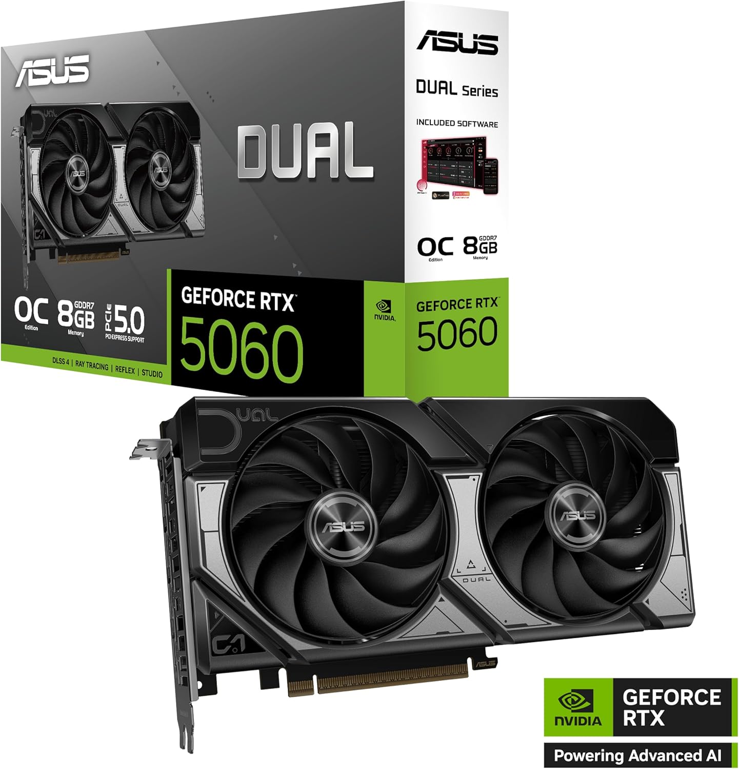 ASUS Dual NVIDIA GeForce RTX 5060 8GB GDDR7 OC Edition graphics card with dual axial-tech fans, black and silver design, PCIe 5.0 interface.